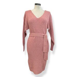 EXPRESS Sweater Mini Dress Sz S VNeck Long Sleeve Belted Ribbed Knit Dress Cozy